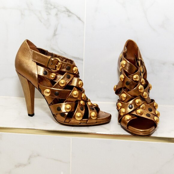Gucci Babouska Gold Bronze Studded Open Toe Strappy Heels 38.5 / 8.5 - Picture 1 of 17